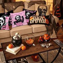 万圣节枕套，粉色不挂恐怖鬼魂设计抱枕农舍亚麻趣味万圣节装饰枕套沙发室内室外装饰最佳礼物