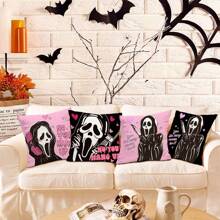 万圣节枕套，粉色不挂恐怖鬼魂设计抱枕农舍亚麻趣味万圣节装饰枕套沙发室内室外装饰最佳礼物