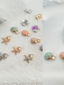 2 piezas Decoraciones de uñas con temática de océano mixto, diseño de patrón y color al azar, con diamantes de imitación, estrella de mar y diseño de concha marina, utilizados para la decoración de uñas y suministros de arte de uñas - Multicolor - Ver 2