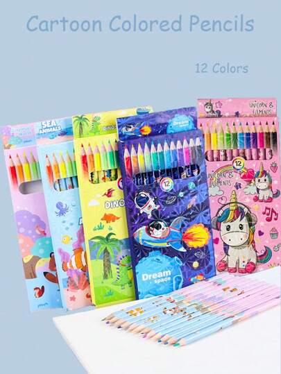 12pcs/Set, 12-Color Cartoon Unicorn & Dinosaur Colored Pencils, Drawing Painting Supplies, School Supplies, Back To School, Graduation Gift