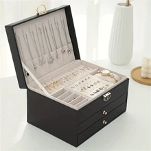 1pc Large-Capacity Three-Layer Jewelry Box, Pu Leather Multi-Functional Jewelry Box, Watch Box With Lock, Storage Box, Ring Earrings Necklace Storage Container Valentine Day - Black - View 4
