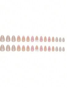 24 peças Unhas de Amêndoa Curtas Brancas Simples Estilo Francês com design de laço + 1 peça de cola Jelly + 1 lixa de unha - Multicolorido - Visão 4