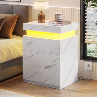 Nightstand With LED Lights And Charging Station, Night Stand With Sliding Top, White