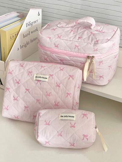 1 件/套花朵和蝴蝶结针织印花芭蕾核心旅行化妆包大容量化妆包、化妆包、化妆袋、护肤包、洗漱包、收纳袋、旅行必需品、邮轮必需品、宿舍必需品、婚礼伴娘礼物、妈妈礼物、生日礼物、送给朋友和老师的礼物、家居装饰、卧室装饰、珠宝收纳盒、唇油收纳盒、指甲油收纳盒，适合母亲节礼物、婚礼派对礼物