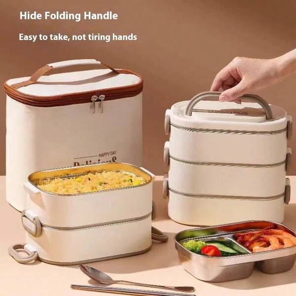 1pc/1set, 304 Stainless Steel Material Rectangular Lunch Box, Three/Two/Single Lunch Box. Includes Matching Thermal Bag, Tableware. Can Be Used For Microwave Heating, Removable, Easy To Clean, Easy To Carry, Large Capacity Bento Box. Suitable For Individuals, Students, Office Workers.,Kitchen,Christmas Gift,School Supplies