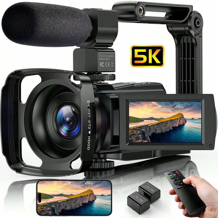 Nicamery Máy quay video Camera 5K 56MP Vlogging Camera WiFi 3.0 Inch 270° Màn hình cảm ứng xoay được Podcast Video Recorder có micrô, Bộ ổn định cầm tay, Loa che nắng, Điều khiển từ xa, 2 pin - màu đen - Xem 1