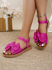 Sandalias planas de punta redonda y estilo británico para mujeres con correa de tobillo, nueva moda simple con lazo rojo de color rosa - Rosa Fucsia - Ver 4