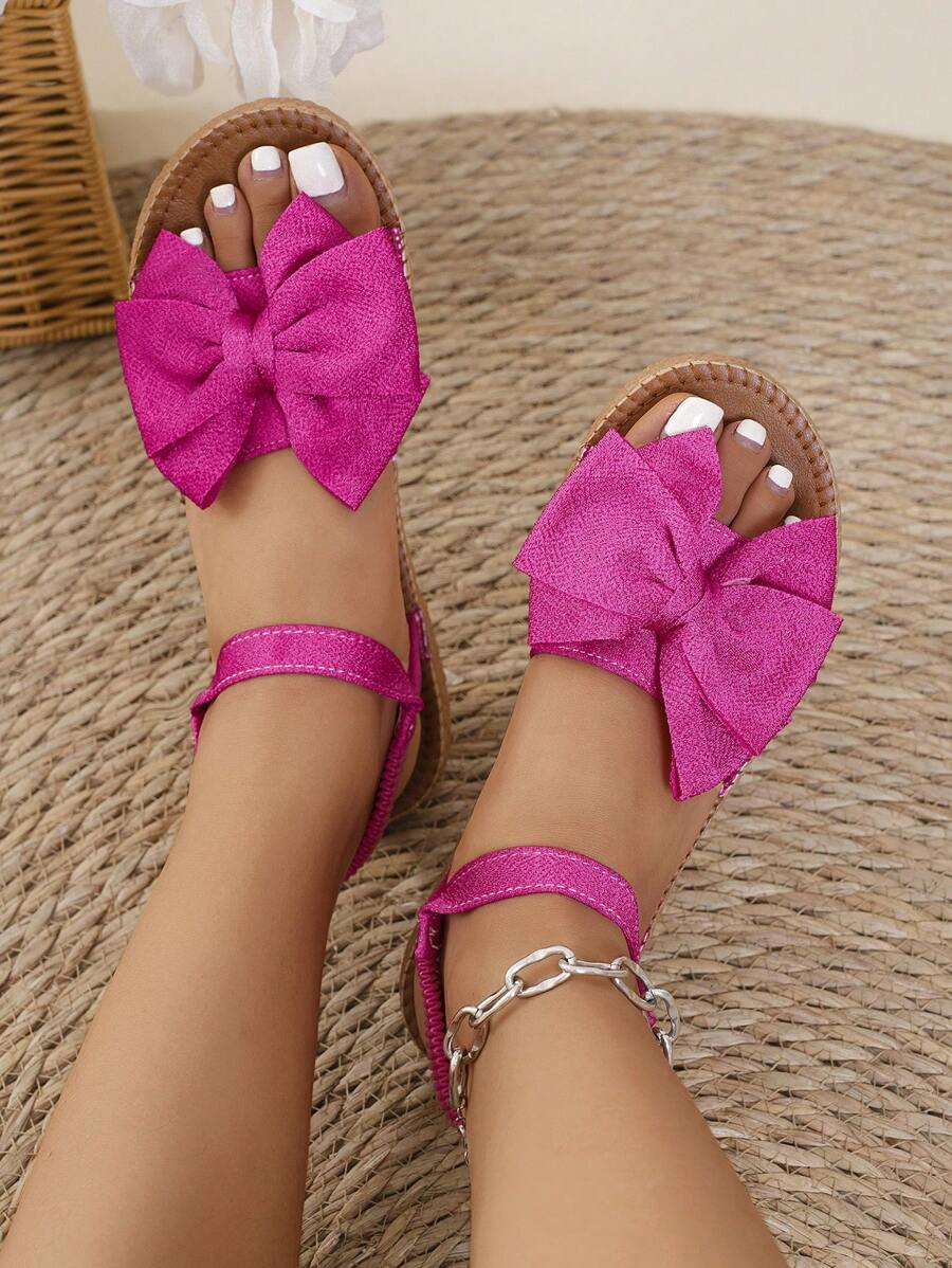 Sandalias planas de punta redonda y estilo británico para mujeres con correa de tobillo, nueva moda simple con lazo rojo de color rosa - Rosa Fucsia - Ver 1