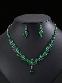 1 Set Of 3pcs Fashionable And Minimalist Cubic Zirconia Necklace Earrings Set For Wedding, Banquet And High-End Jewelry, With Leaf & Water Drop Decoration, Suitable For Women's Festival Wear