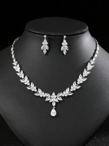 1 Set Of 3pcs Fashionable And Minimalist Cubic Zirconia Necklace Earrings Set For Wedding, Banquet And High-End Jewelry, With Leaf & Water Drop Decoration, Suitable For Women's Festival Wear