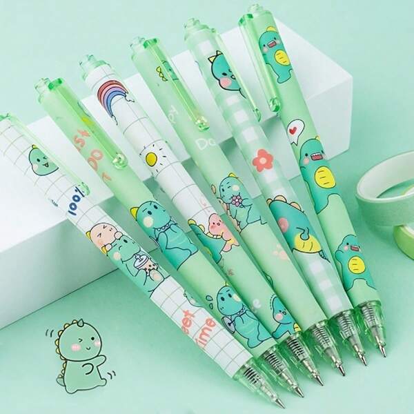 6 Stück/Set sehr attraktive Matcha Grün Gepresste Niedliche kleine Dinosaurier Gelschreiber 0,5 mm Kugel Schwarz Kohlenstoff Schüler Pinselschreiber, Lippenbalsam, Schulanfang