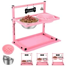 Adjustable Raised Dog Lover And Dog Mom Love Bowl Stand With Two 1700ml Stainless Steel Food Bowls, A Slow Dog Lover And Dog Mom Love Feeder And A Silicone Food Mat, Pink Dog Lover And Dog Mom Love Feeder, Elevated Dog Lover And Dog Mom Love Bowl For Large Medium And Small Dog Lover And Dog Mom Loves - Pink - View 1