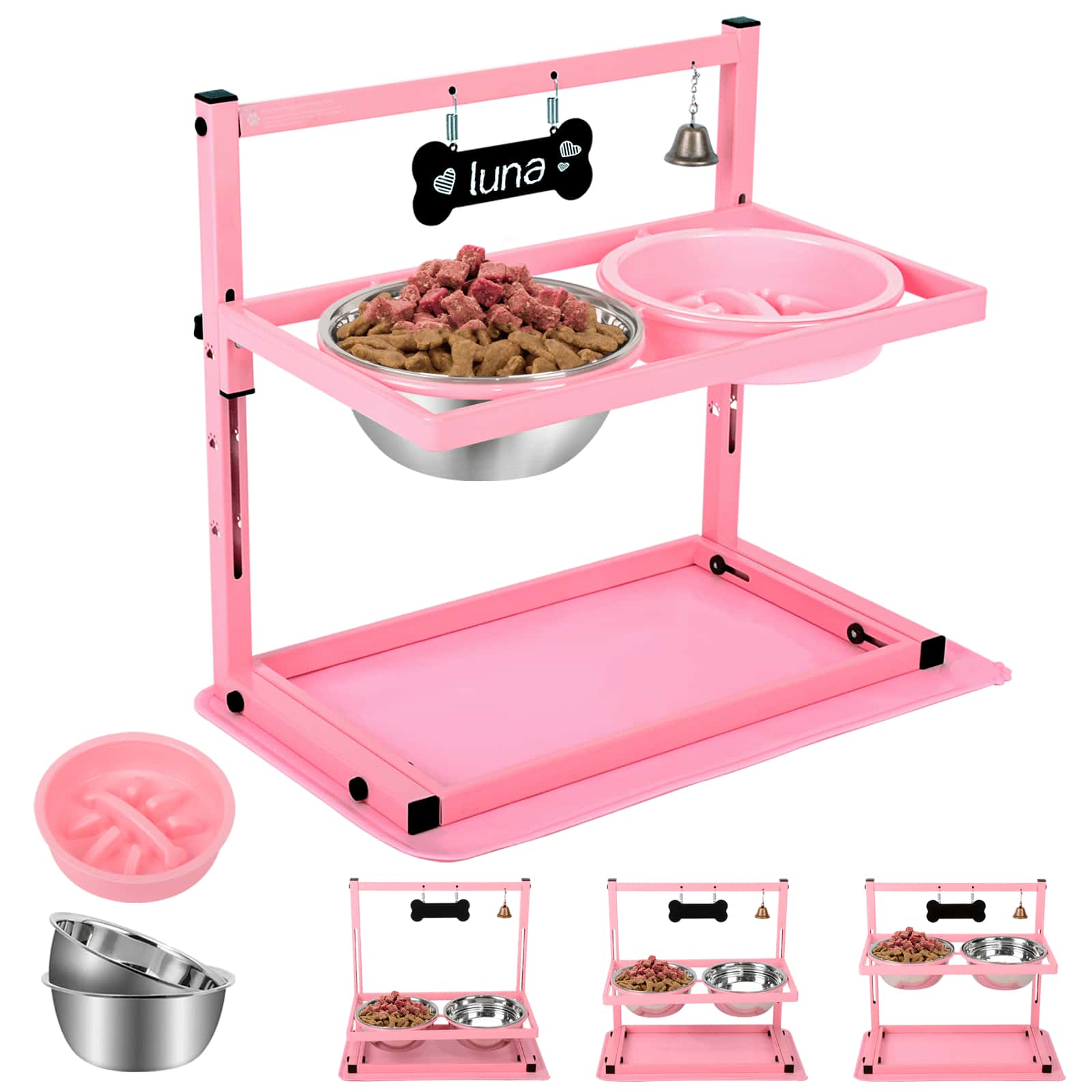 Adjustable Raised Dog Lover And Dog Mom Love Bowl Stand With Two 1700ml Stainless Steel Food Bowls, A Slow Dog Lover And Dog Mom Love Feeder And A Silicone Food Mat, Pink Dog Lover And Dog Mom Love Feeder, Elevated Dog Lover And Dog Mom Love Bowl For Large Medium And Small Dog Lover And Dog Mom Loves - Pink - View 1