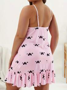 1pc Plus Size Sexy Nightgown - Heart Print, Lace Ruffle Trim And Bow Collar - Comfy Women V-Neck Sleepwear