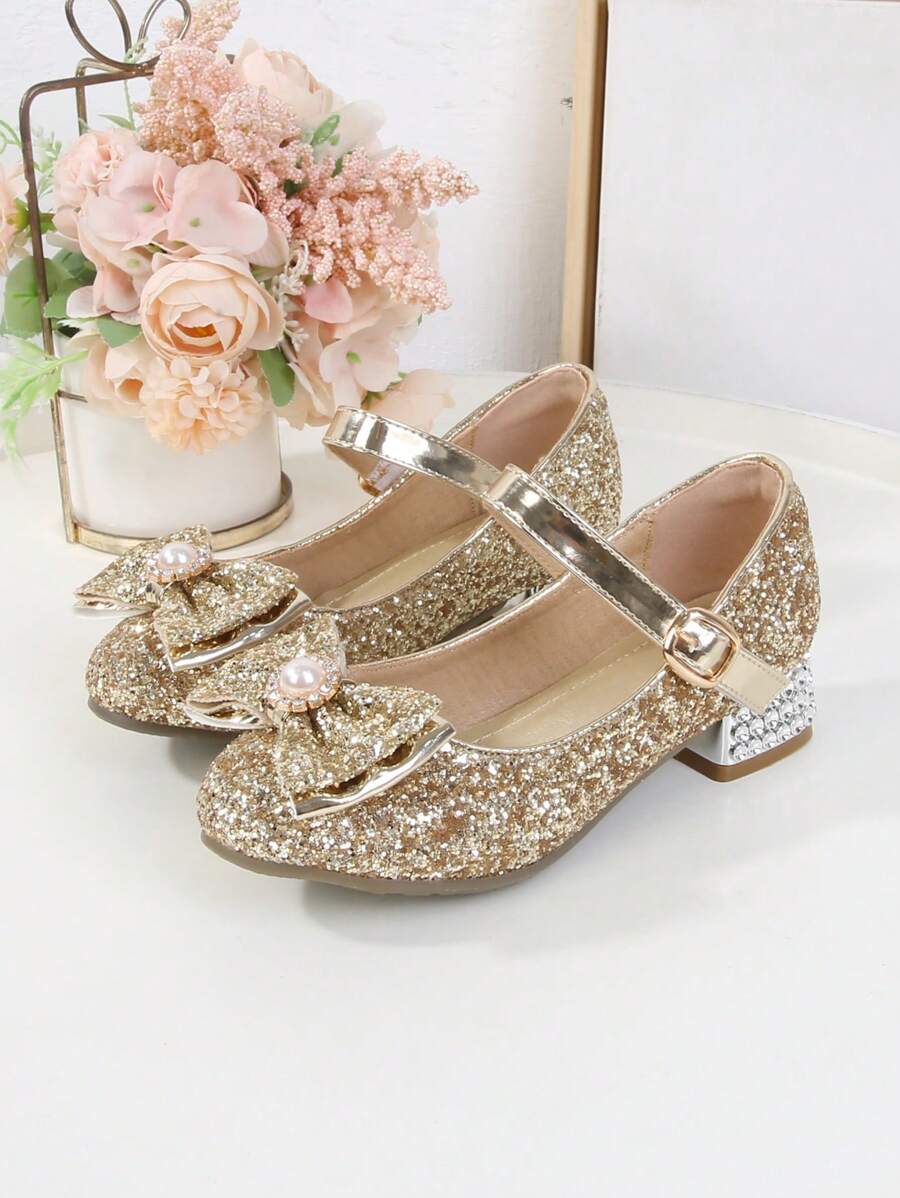 Sapatos de salto alto infantil, Calçados leves, fashion e de princesa para apresentações de dança, primavera/outono - Dourado - Visão 1