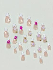 Balletcore可愛的3D花朵和鑽石法式美甲，附有24片帶白邊的杏仁形貼片美甲，適合日常穿著，約會，下午茶和外出 - 彩色 - 查看 3