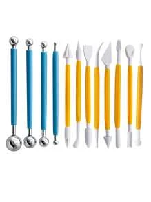 11pcs Sugarcraft Cake Decorating Tools (including 4pcs Double-ended Metal Ball Shaped Tools + 8pcs Plastic Fondant Sculpting Tools)