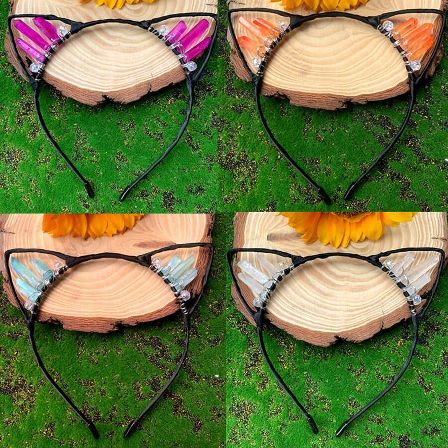1pc Creative Crystal Cat Ear Crown Party Headband Handmade Hair Accessory - Multicolor - View 1