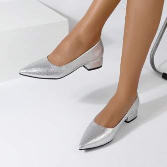 New Spring/Autumn Silver Crocodile Pattern Chunky Heel Women's Shoes With Low Vamp Pointed Toe, Simple And Comfortable For Commuting