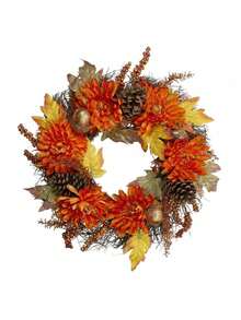 22 In. Autumn Harvest Orange Cactus Mums With Brown Acorns Artificial Grapevine Wreath - Unlit - Orange - View 2
