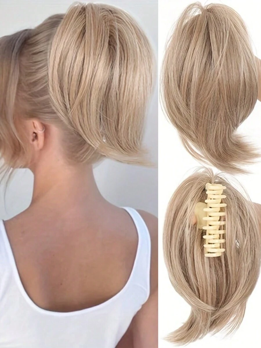 Pieza de cabello desordenado en forma de moño de pinza para aumentar el volumen del cabello con extensiones de cabello en cola de caballo alta y recta para mujeres, peinado recogido y desordenado para niñas, ideal para uso diario y fiestas - Lino Dorado - Ver 1
