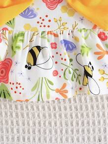 Baby Girl Fashionable Summer Outfits, Cute Bee & Floral Printed Sleeveless Top With Exquisite Bowknot, Matched With Ruffled Shorts, 2pcs/Set