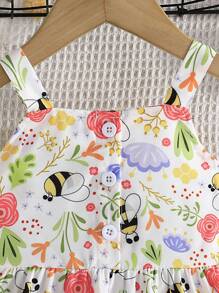 Baby Girl Fashionable Summer Outfits, Cute Bee & Floral Printed Sleeveless Top With Exquisite Bowknot, Matched With Ruffled Shorts, 2pcs/Set