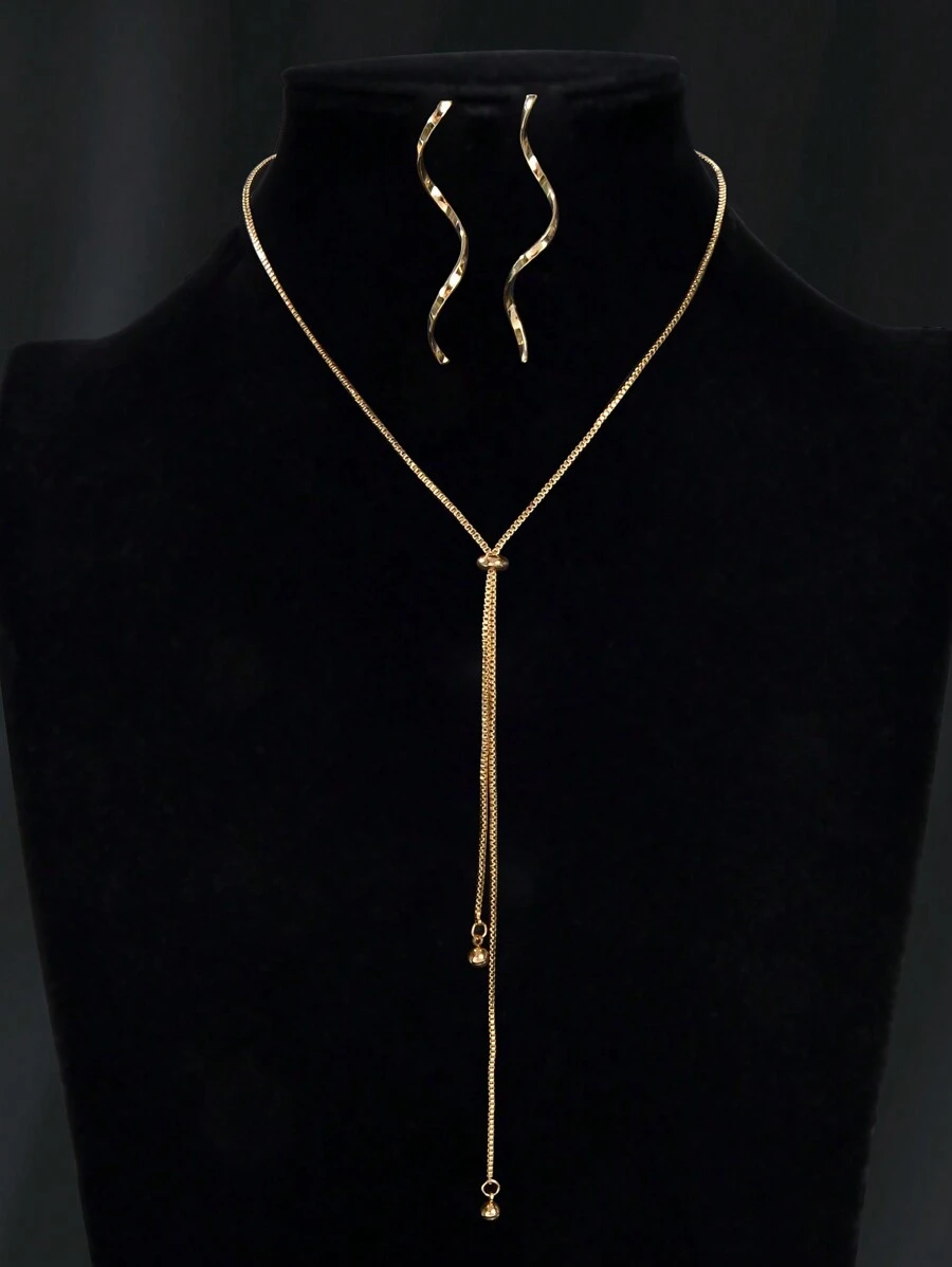 3入組基本極簡主義金鏈Y型長吊墜項鍊螺旋耳針商務辦公首飾套裝