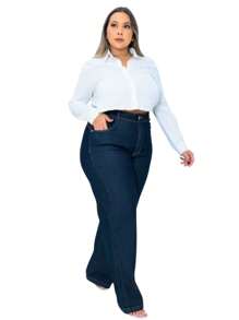 Calça Wide Leg Plus Size Cintura Alta com elastano confortável 46 ao 60 - Azul Marinho - Visão 5