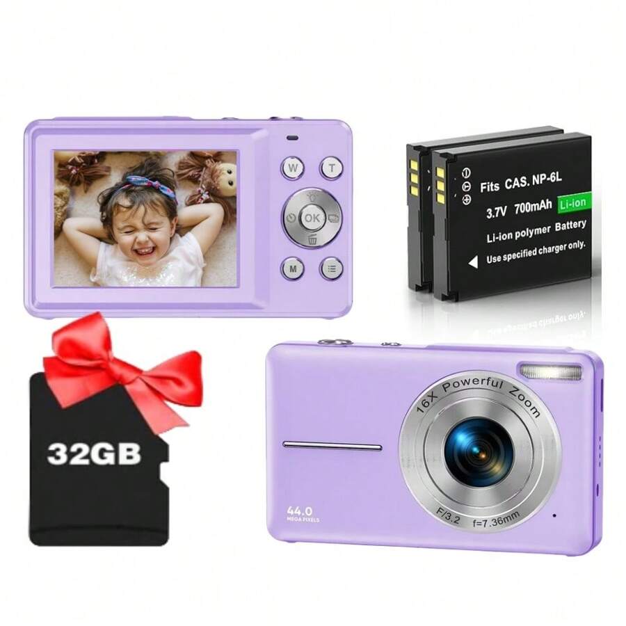 Digital Camera, 1080P Camera, 44 Megapixels, Compact Camera, 2.4-Inch LCD Screen, 16x Digital Zoom,Rechargeable Mini Camcorder For Beginners - Purple - View 1
