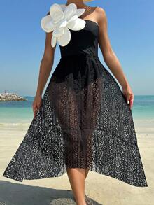 Bikinx Traje de baño de un hombro con aplicación de flor 3D en bloques de color y falda envolvente de encaje para verano - Negro - Ver 4