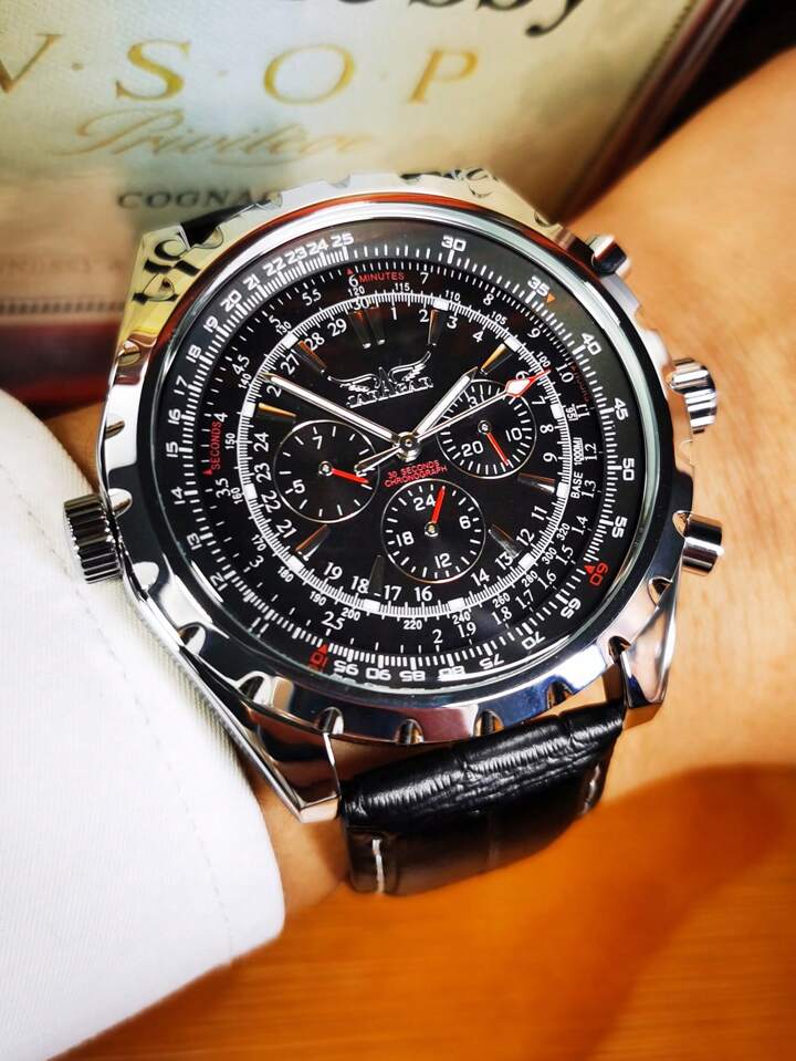 JARAGAR 1pc Fashionable Men s Pilot Style Automatic Mechanical Watch With 24 Hour Calendar Black Small Dial Luminous Pointer Top Brand Leather Strap Rotatable Inner Ring Design For Business Casual And...