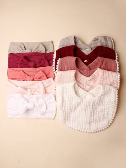 5pcs Candy-Colored Baby Bibs And Drool Towels + 5pcs Nylon Bowknot Baby Headbands Set, Suitable For Daily Wear