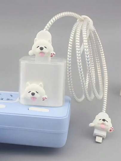 5pcs White Dog Protective Case Compatible With IPhone 14 Pro Max Charger & Data Cable, Compatible With IPhone 13/12/11 Charger, 18/20W Fast Charging Adapter Anti-Breakage Wrap Winder, Gift For Boyfriend/Girlfriend Cable Protector, Charger Protector