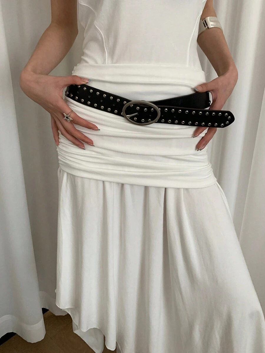 1 条女士黑色 PU 皮革朋克风格铆钉腰带，适合秋季、万圣节 - 黑色 - 查看 1