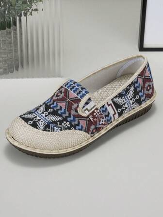 女式簡易款懶人鞋，復古波西米亞風刺繡舒適休閒運動鞋，時尚休閒波西米亞帆布低幫沙灘鞋