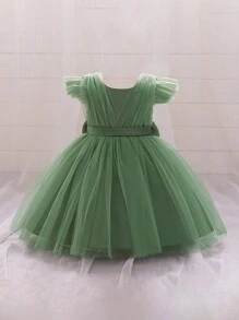 女婴纯色薄纱露背蝴蝶结蓬蓬裙，可爱花童礼服，适合户外派对，不含头饰 - 綠色 - 查看 3