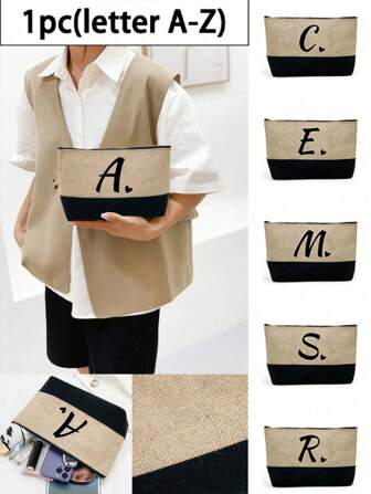 1 pieza Bolso de mano de mujer con parches e iniciales impresas, bolsa de maquillaje, regalo para el Día del Maestro, bolso reutilizable, bolsa de maquillaje de viaje simple y de gran capacidad para mujeres, regalo multifuncional y portátil para mujeres