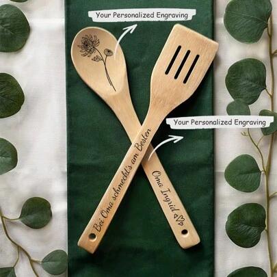 ช้อนและไม้พายทำอาหารที่ทำจากไม้ส่วนบุคคลเป็นของขวัญสำหรับคุณยายคุณปู่, อาหาร, การทำอาหาร, ห้องครัว, รายการครัว, อุปกรณ์ครัว, สิ่งของในครัว