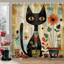 1pc Rustic Black Cat And Sunflower Shower Curtain, Vintage Watercolor Cartoon Cat Design, Polyester Fabric Bathroom Decor With Hooks, Washable, 70.8x70.8 Inches Summer Bathroom Accessories Back To School