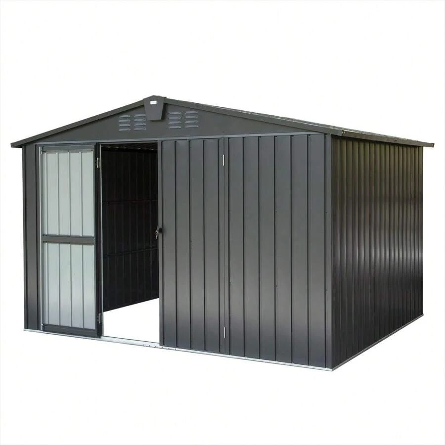 Outdoor Storage Shed 10'x 8', Metal Garden Shed For Bike, Trash Can, Tools, Galvanized Steel Outdoor Storage Cabinet With Lockable Door For Backyard, Patio, Lawn (10x8ft, Black) - 黑色 - 查看 1
