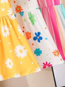 Conjunto de 3 piezas de vestido de manga corta con estampado floral dulce para niña joven, vestido de rayas con cuello redondo y cinturón, para conjuntos casuales de vacaciones lindos para niños - Multicolor - Ver 5