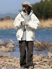 MUNZ Letter Graphic Drop Shoulder Drawstring Hooded Jacket - White - View 3