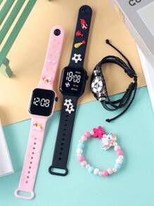 2 piezas Reloj de pulsera digital LED con batería seca decorado con fútbol y unicornio de dibujos animados + 2 piezas pulseras impresas de fútbol y unicornio, adecuada para uso diario y para regalo, unisex