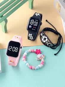 2 piezas Reloj de pulsera digital LED con batería seca decorado con fútbol y unicornio de dibujos animados + 2 piezas pulseras impresas de fútbol y unicornio, adecuada para uso diario y para regalo, unisex