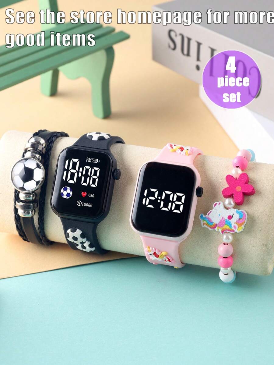 2 piezas Reloj de pulsera digital LED con batería seca decorado con fútbol y unicornio de dibujos animados + 2 piezas pulseras impresas de fútbol y unicornio, adecuada para uso diario y para regalo, unisex
