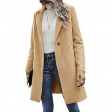 Women's Notched Lapel Wool Pea Coat Long Sleeve Casual Mid-Long Overcoats - Khaki - View 3