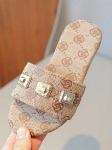 Girls' Flower Printed Rhinestone Slippers, Fashionable And Elegant, Slip-On Design For Easy Wearing, Perfect For Summer Indoor And Outdoor Parties, Asymmetric Pattern