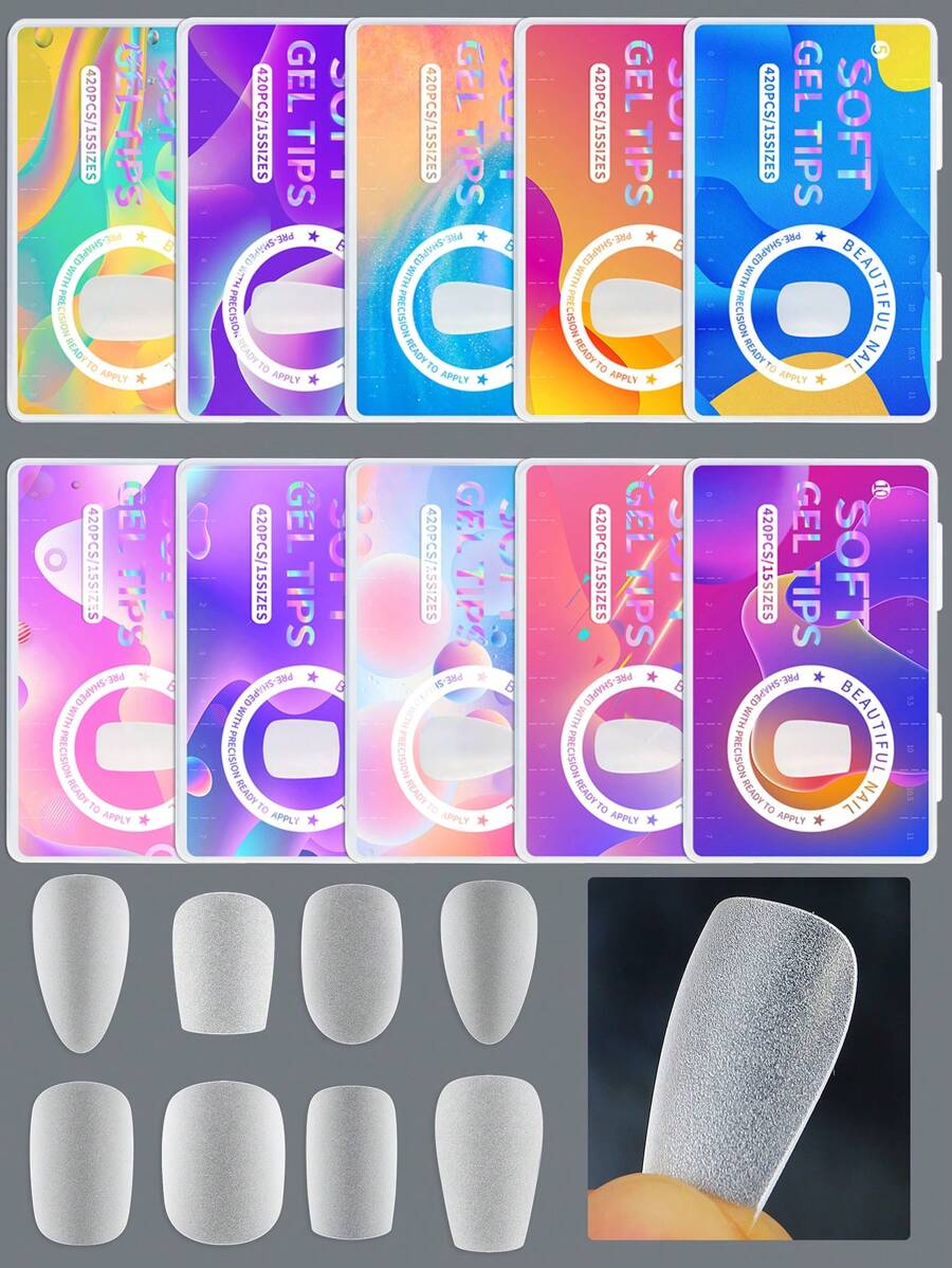 420Pcs/Box Matte Soft False Nails Full Transparent Almond Soak Off Gel Fake Nail Short T Shape Round Oval Capsule Tips Diy Press On Nails Nail Supplies Nails