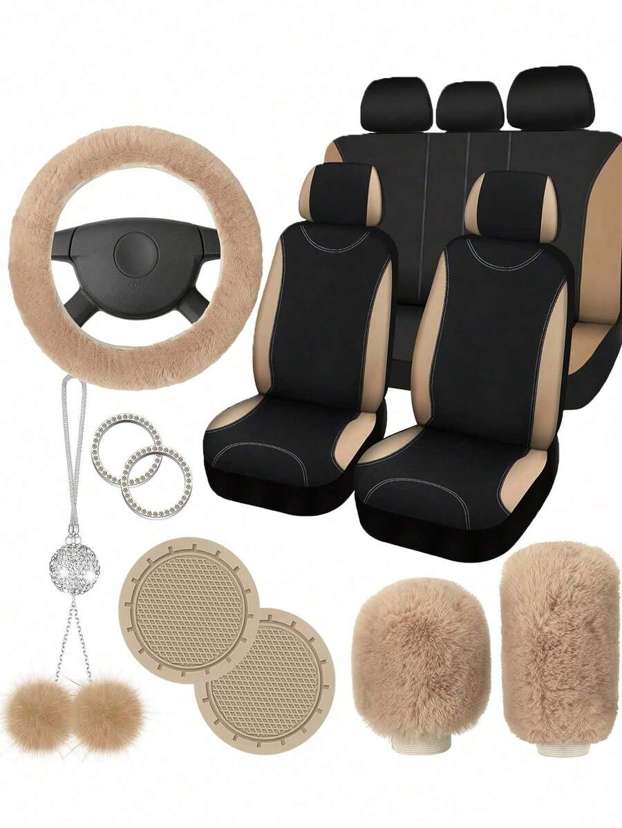 17入組汽車座椅套全套，完整的汽車配件組合：您將收到一套汽車裝飾，包括9個汽車座椅套（2個前座套，5個靠頭套，1個靠背套，1個後座墊套），2個汽車杯墊，1個方向盤套，1個手剎車套，1個變速桿套，1個閃亮的後視鏡掛件配件，以及2個鑲有鑽石的一鍵啟動貼紙。 - 米色 - 查看 1